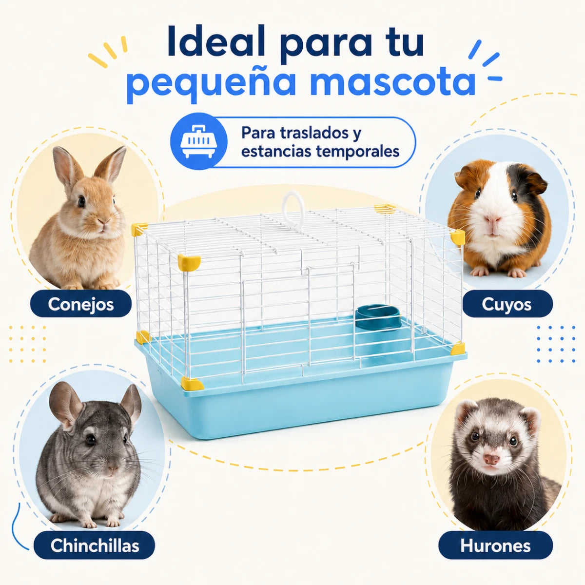 Jaula de viaje recomendada para el traslado temporal de conejos, cuyos y pequeños roedores en Kamalitas