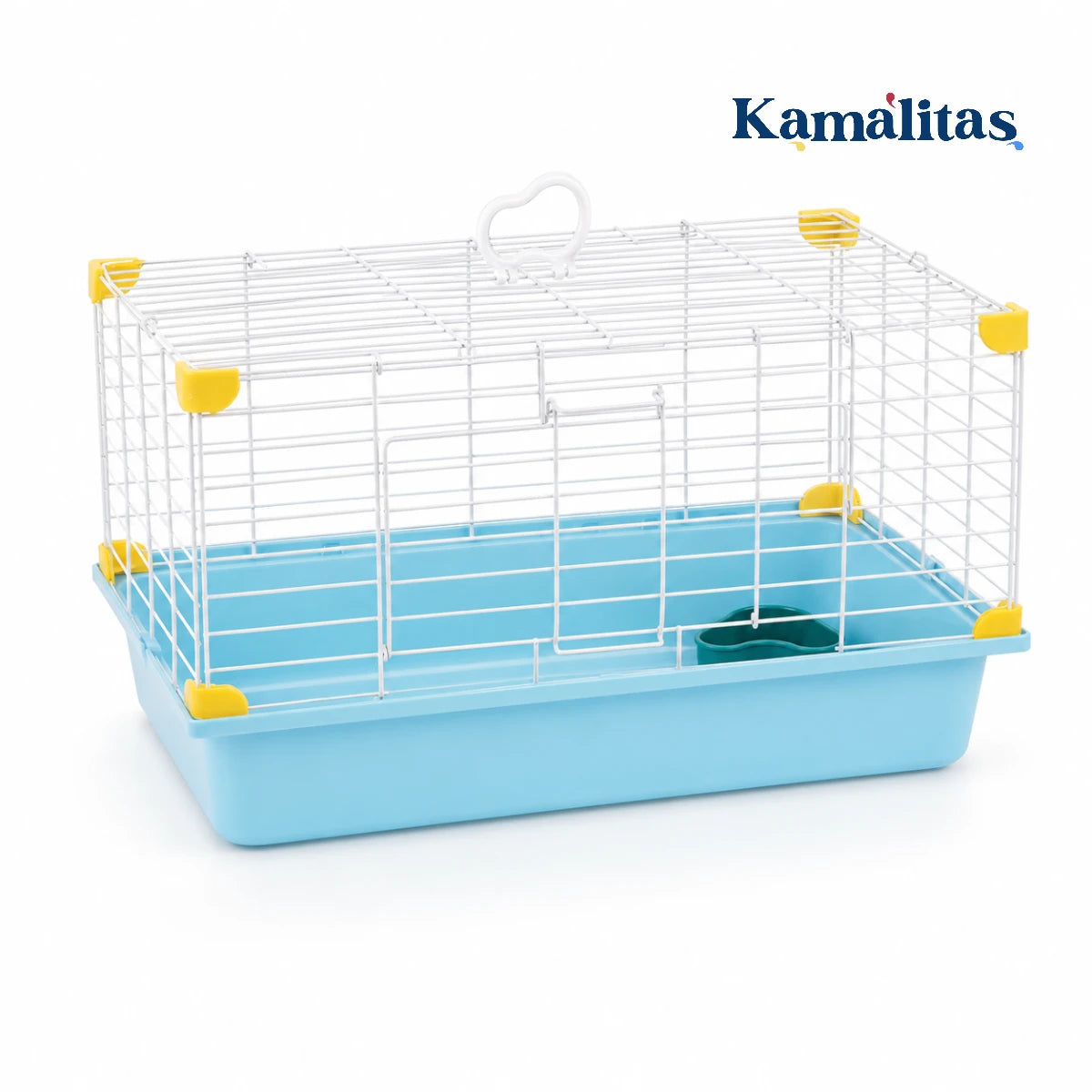 Jaula de viaje Sunny para conejos y cuyos con base azul, reja blanca, asa superior y clips amarillos en Kamalitas