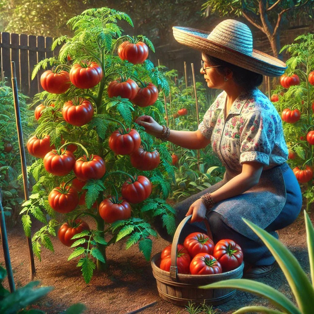 Planta de jitomate tipo bola cargada de frutos grandes y rojos.