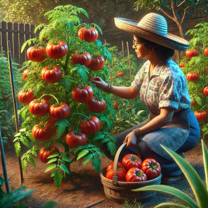 Planta de jitomate tipo bola cargada de frutos grandes y rojos.