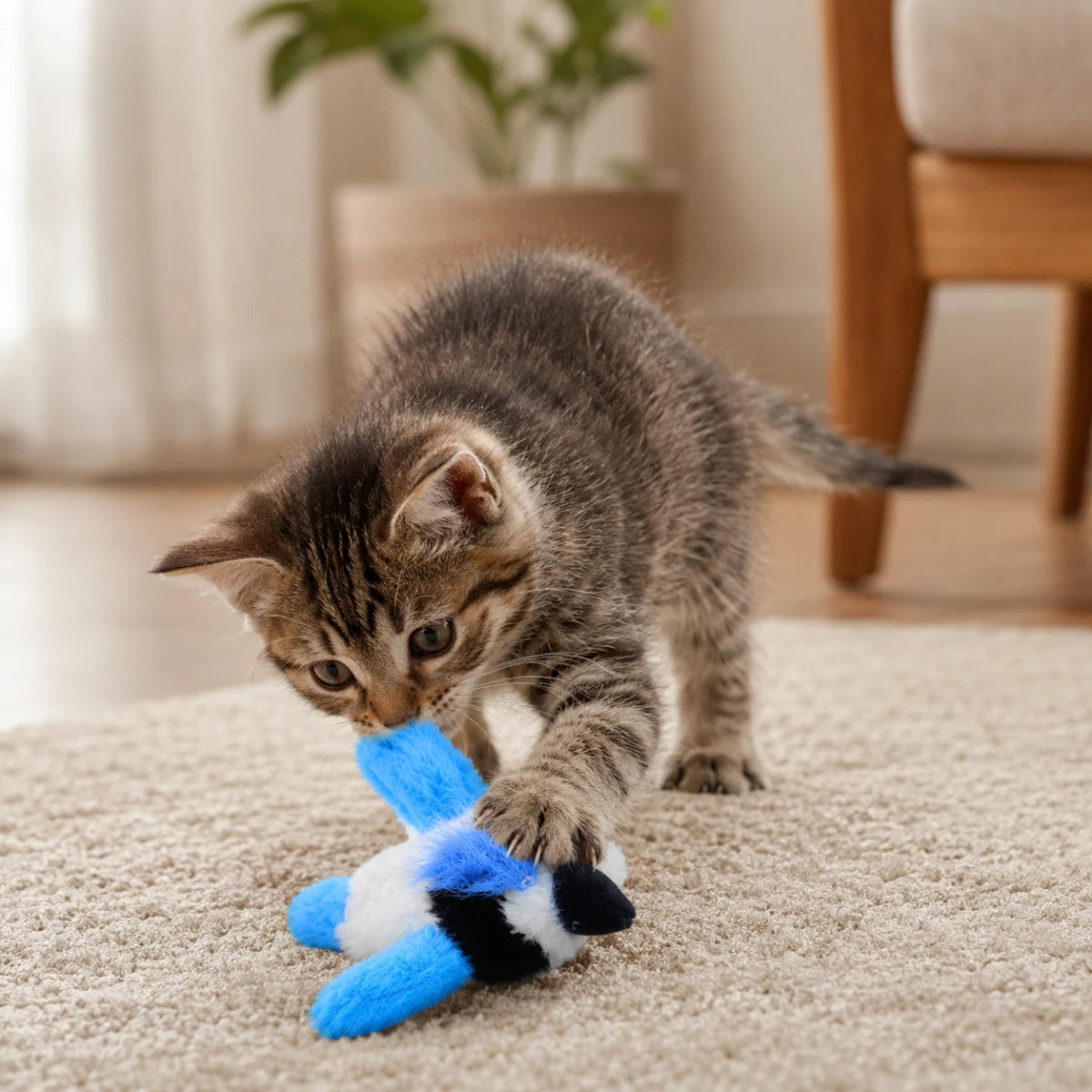 Gatito jugando con un peluche en forma de chara azul, blanca y negra sobre una alfombra dentro de casa.