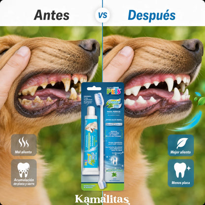 Comparativa antes y después del uso del Kit Dental para Perro Fancy Pets de 90 g, mostrando apoyo en la reducción de placa, sarro y mal aliento con cepillado diario.