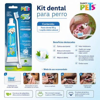 Infografía del Kit Dental para Perro Fancy Pets en presentación de 90 g con cepillo doble cabezal, ideal para apoyar la salud dental, reducir placa y sarro, y mejorar el aliento