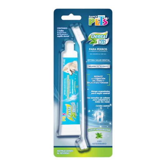 Presentación en blíster original del Kit Dental Fancy Pets para perros que incluye un tubo de pasta de noventa gramos y un cepillo de doble cabezal ergonómico, en Kamalitas.