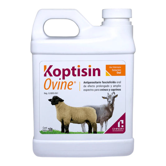 Envase de 250ml de Koptisin Oral del laboratorio Chinoin, desparasitante oral con Closantel y Albendazol para ganado ovino y caprino.
