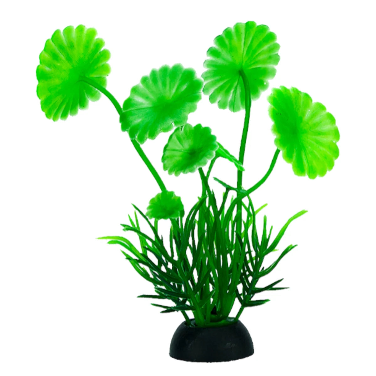 Planta artificial para acuario de 7.5cm con diseño de hojas circulares verdes vibrantes y base pesada para evitar que flote.
