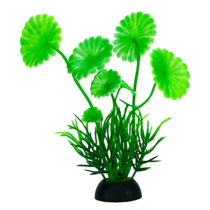Planta artificial para acuario de 7.5cm con diseño de hojas circulares verdes vibrantes y base pesada para evitar que flote.