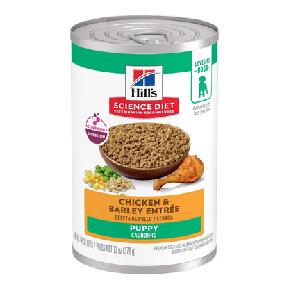 Lata de alimento húmedo Hill's Science Diet Puppy sabor pollo y cebada para cachorros en crecimiento.