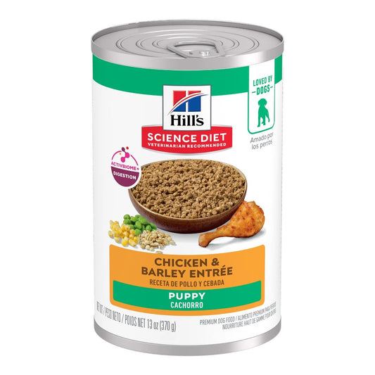 Lata de alimento húmedo Hill's Science Diet Puppy sabor pollo y cebada para cachorros en crecimiento.