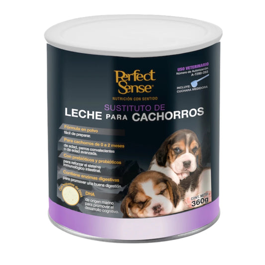 presentación del sustituto de leche para cachorros Perfect Sense en polvo con prebióticos, probióticos y DHA, fórmula para cachorros y perros convalecientes