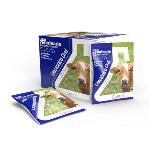 Caja y sobre de Laxatónico Oral 120g polvo para bovinos y equinos, laxante y tónico digestivo
