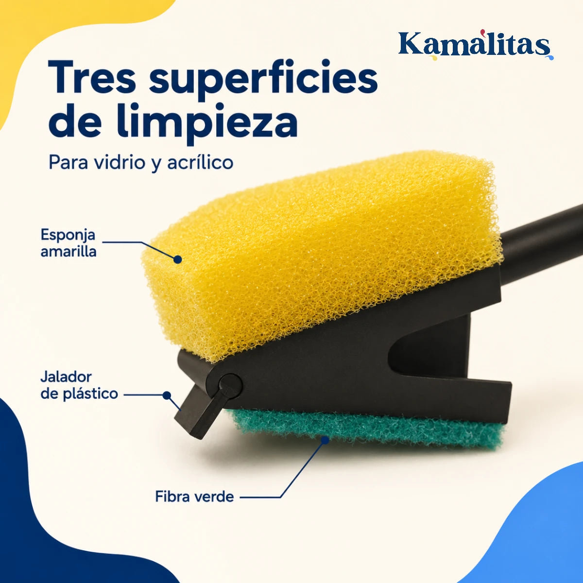 Cabezal del limpiador de acuarios con esponja amarilla, fibra verde y jalador para superficies de vidrio y acrílico