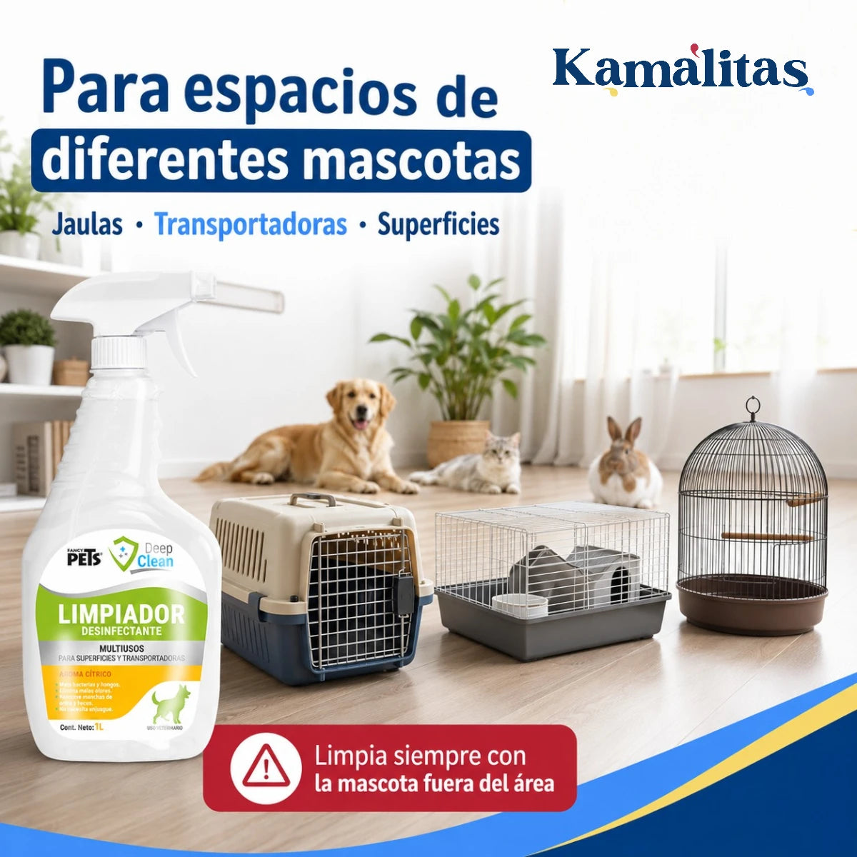 Deep Clean para limpiar jaulas, transportadoras y superficies de espacios para diferentes mascotas