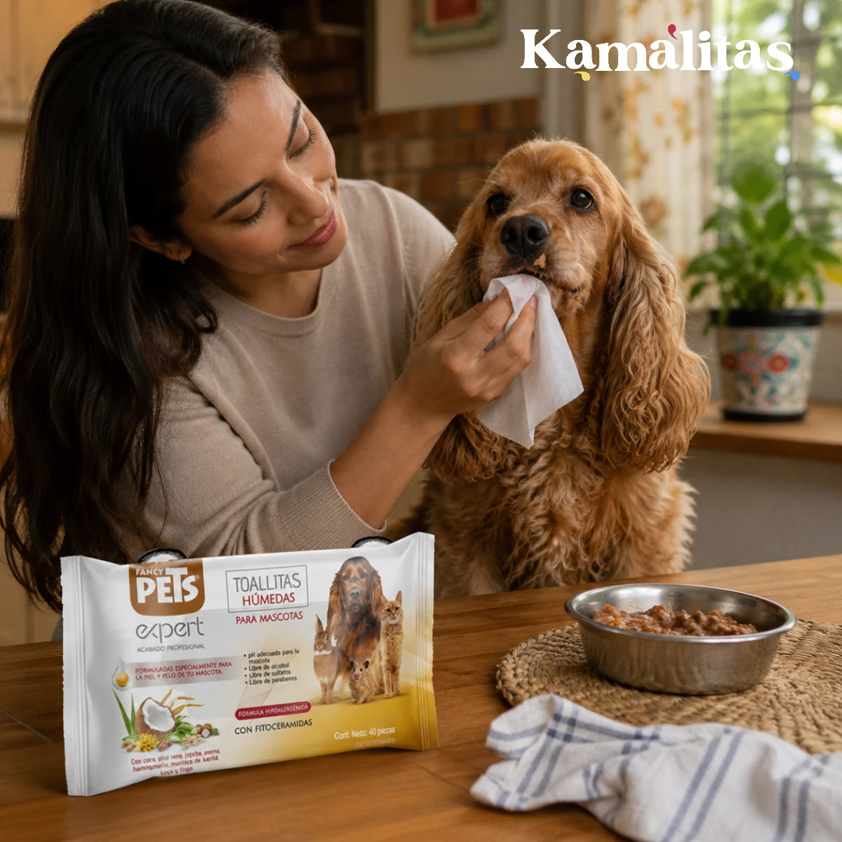Una mujer usando una toallita húmeda Fancy Pets para limpiar suavemente los restos de comida y suciedad del hocico de un perro Cocker Spaniel, demostrando el cuidado hipoalergénico diario, en Kamalitas.