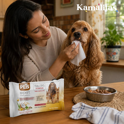 Una mujer usando una toallita húmeda Fancy Pets para limpiar suavemente los restos de comida y suciedad del hocico de un perro Cocker Spaniel, demostrando el cuidado hipoalergénico diario, en Kamalitas.