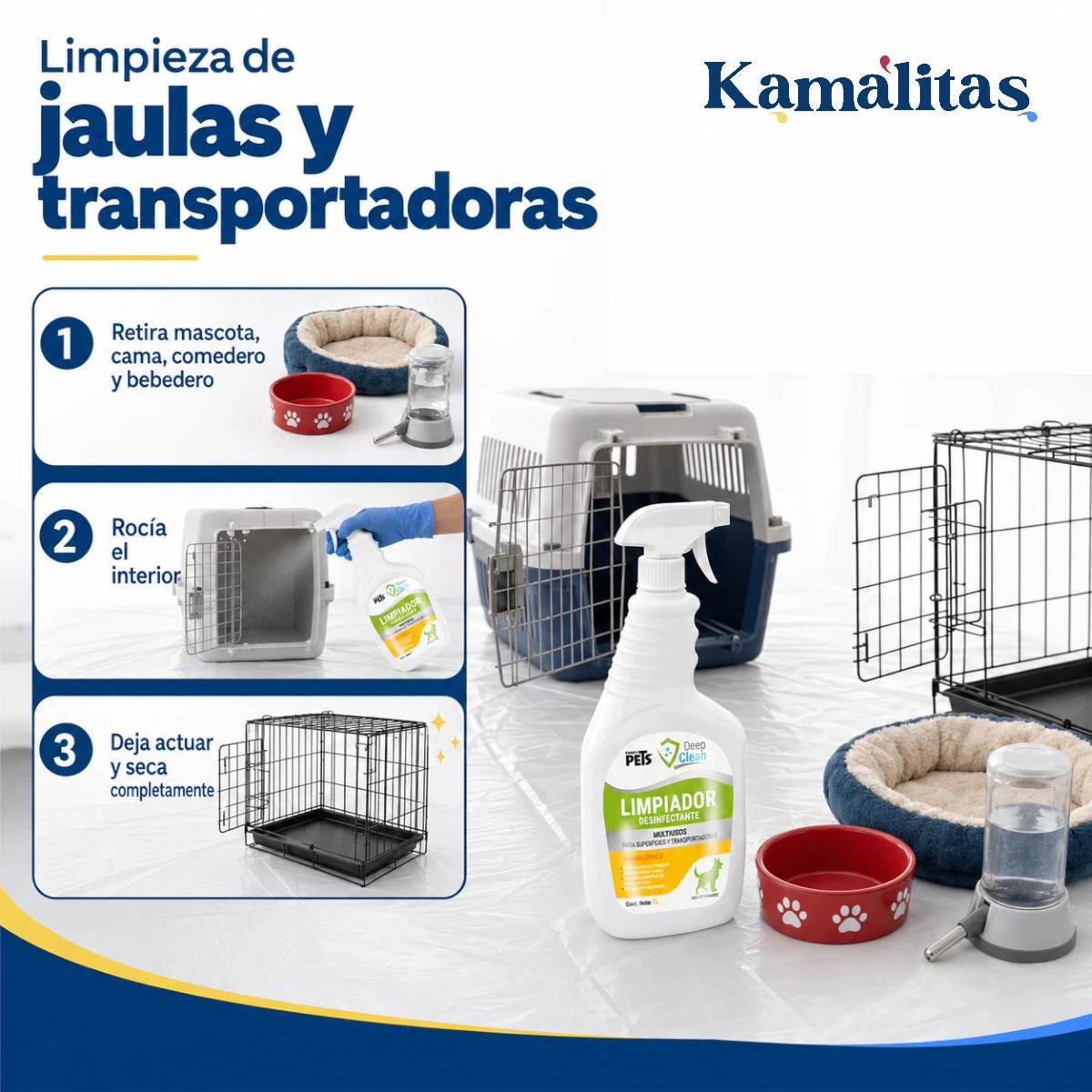 Pasos para limpiar jaulas y transportadoras vacías con el desinfectante multiusos Deep Clean