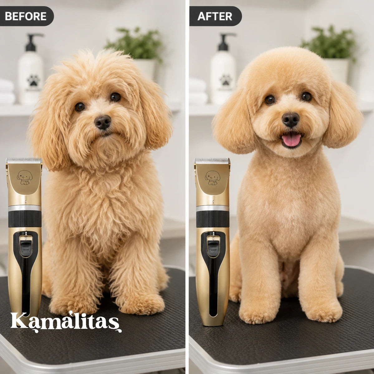 Máquina corta pelo para mascotas en uso con perro pequeño, ideal para recorte de pelo en casa, estética canina y mantenimiento del pelaje, disponible en Kamalitas