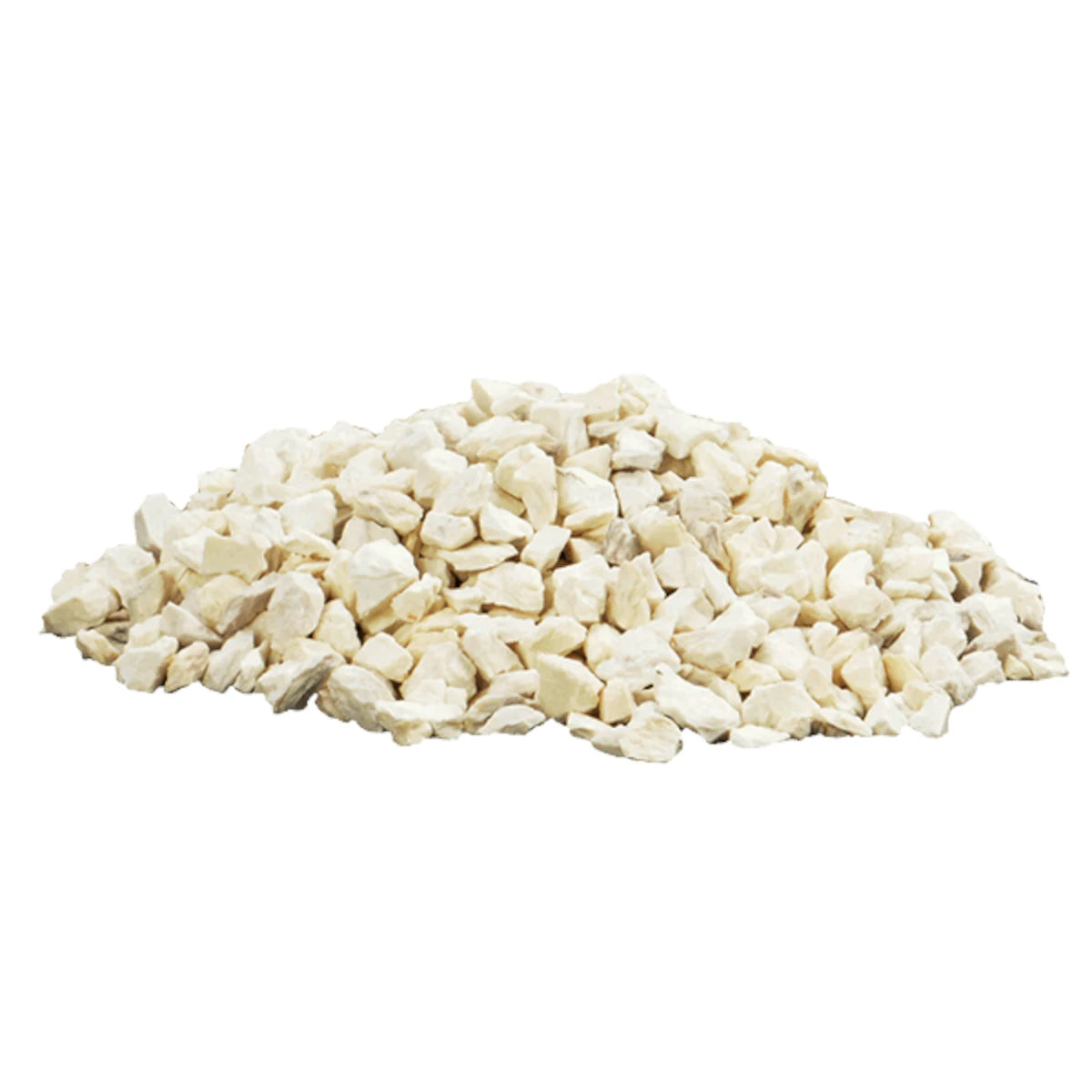 Vista en plano detalle del sustrato de zeolita granulada blanca de origen volcánico, material filtrante químico de alta porosidad para absorción de toxinas en acuarios, en Kamalitas.