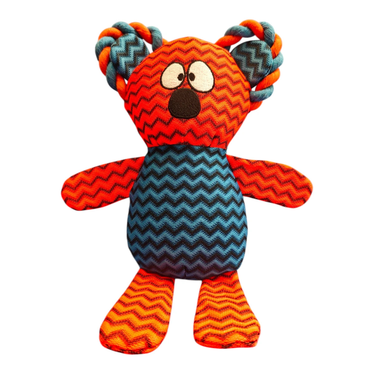 Peluche para perro Maze Chummy Koala de la marca Sharpaw en colores naranja y azul con texturas reforzadas, en Kamalitas.