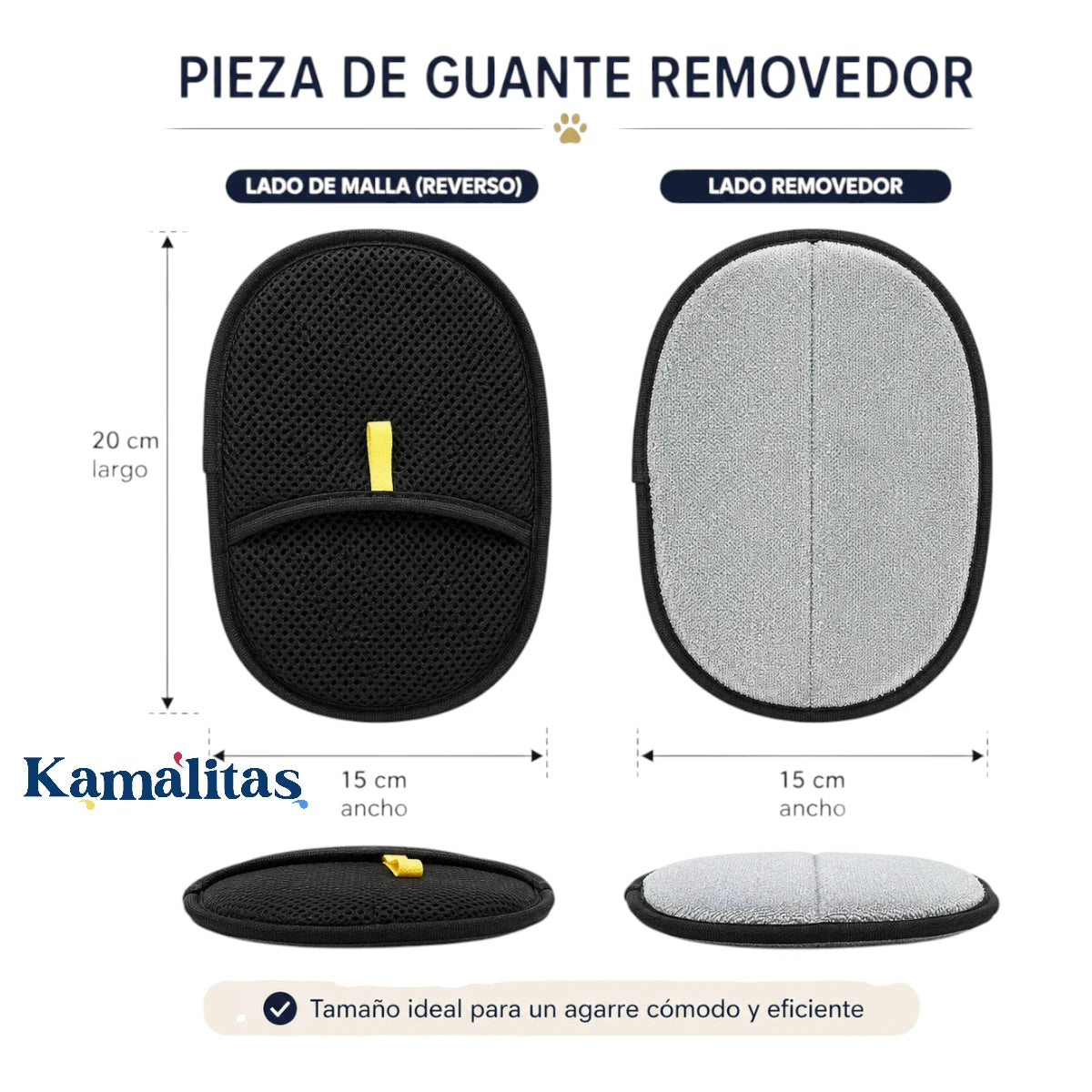 Diagrama con las medidas de 20x15 cm del guante removedor de pelusa, en Kamalitas.