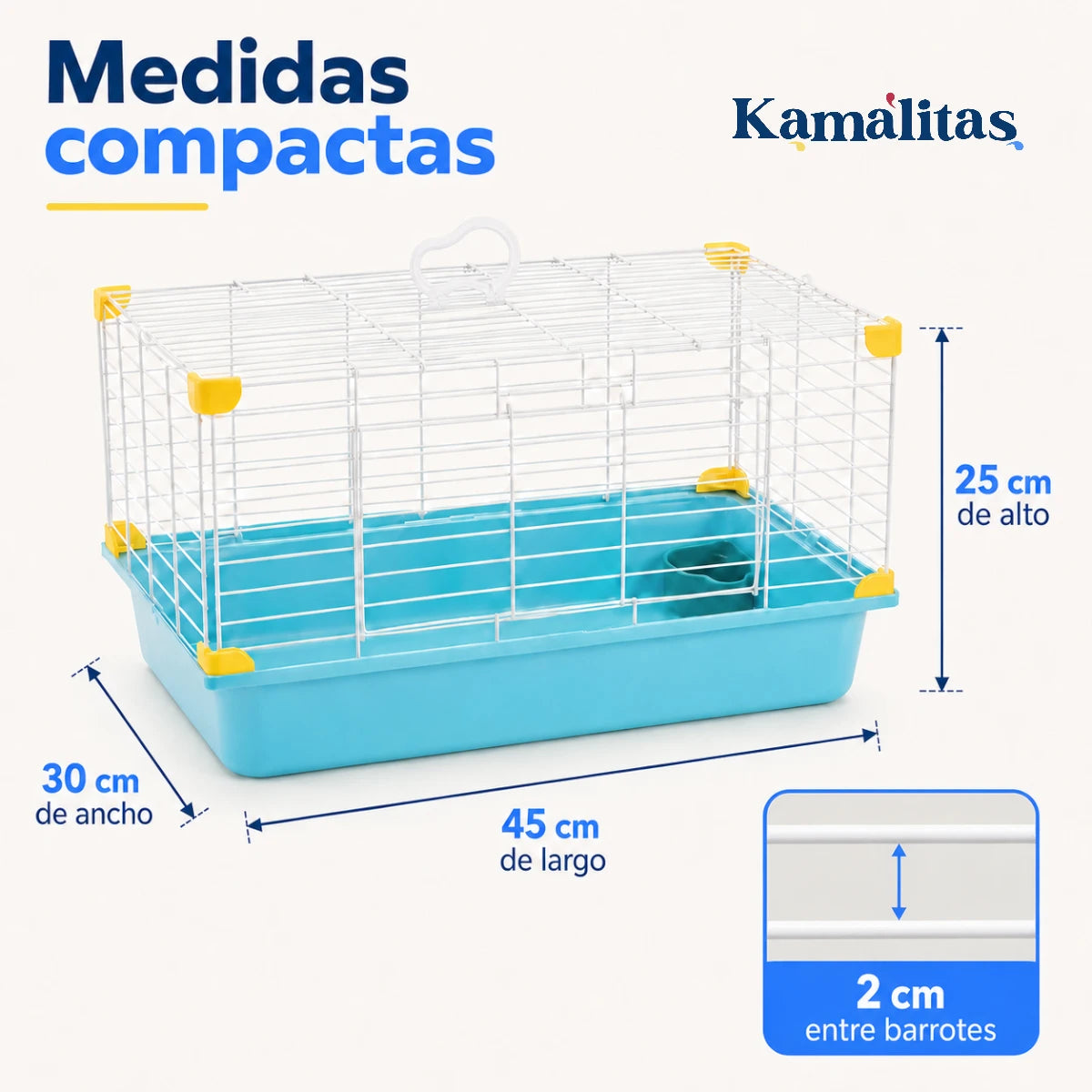 Medidas de jaula de viaje para conejos y cuyos de 45 x 30 x 25 cm, con separación vertical de 2 cm entre barrotes horizontales.