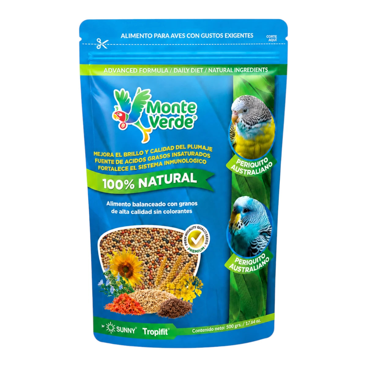 Bolsa de 500 gramos de mezcla de semillas Sunny Monte Verde, alimento bajo en grasa ideal para pericos australianos y diamantes mandarín.
