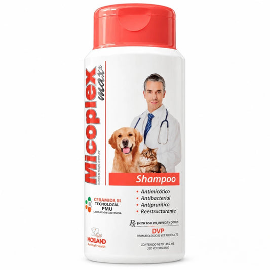 Micoplex Max Shampoo Holland 350 mL para perros y gatos, vista principal del envase