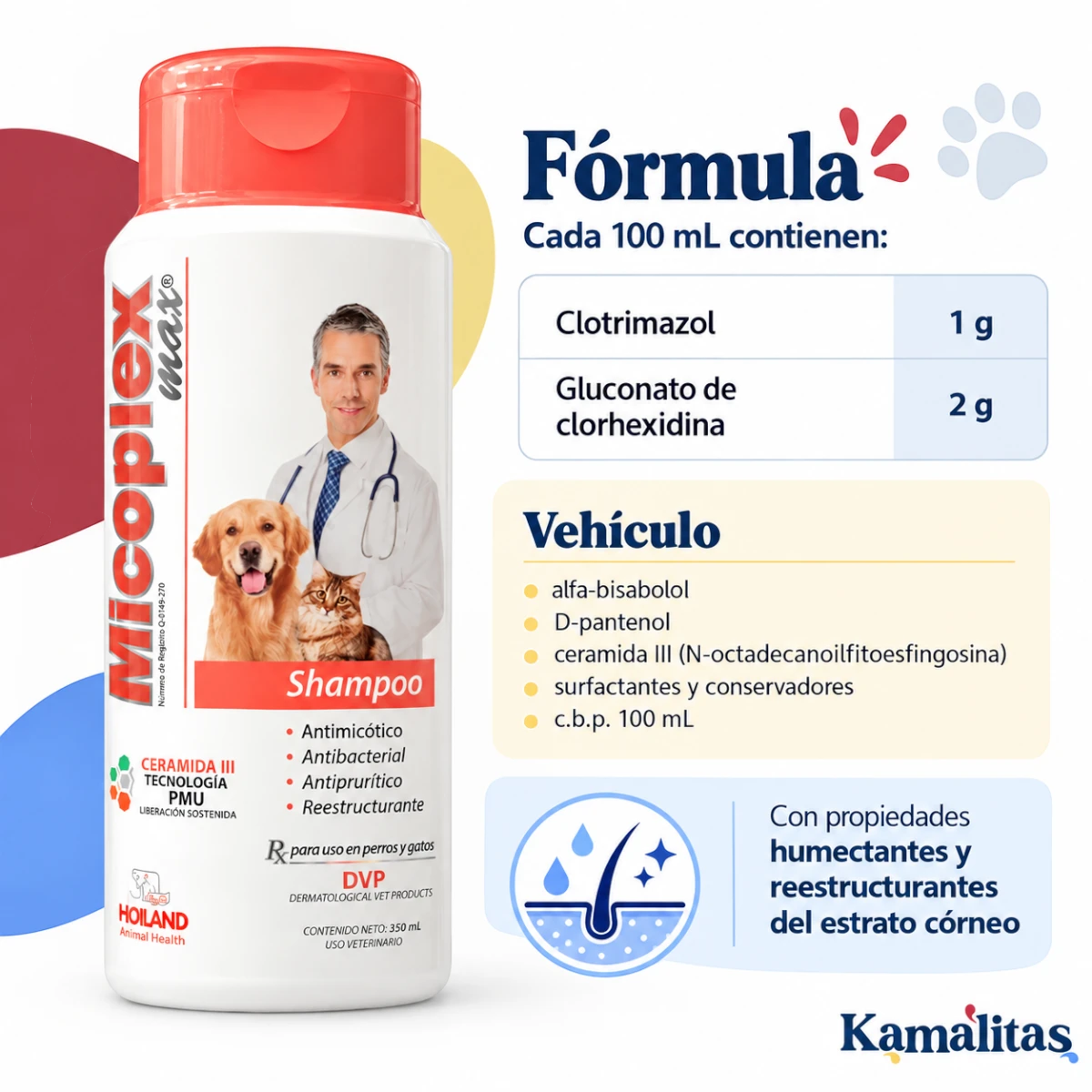 Micoplex Max Shampoo Holland indicado para perros y gatos con acción antimicótica, antibacterial, antiprurítica y reestructurante