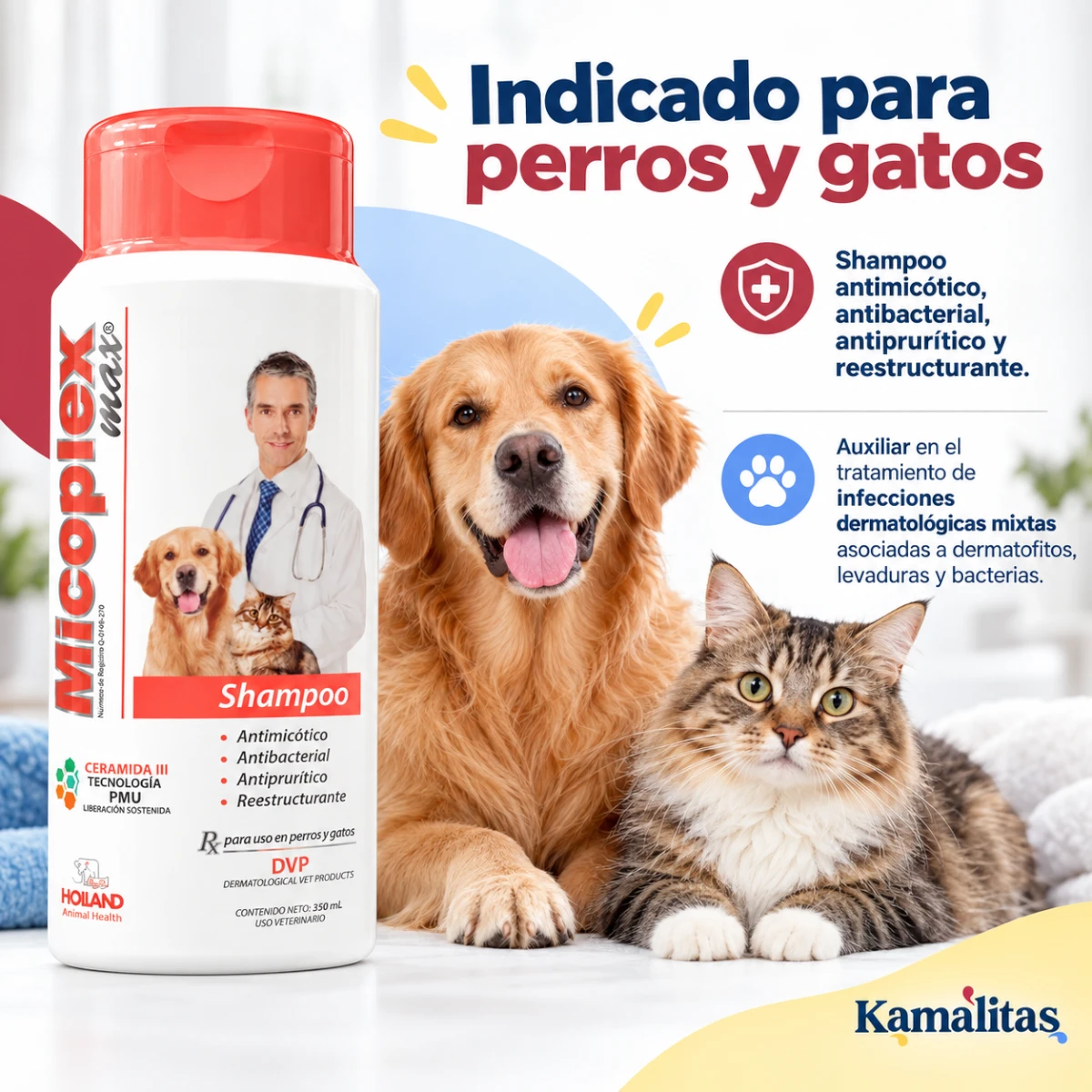 Modo de uso de Micoplex Max Shampoo Holland 350 mL para perros y gatos
