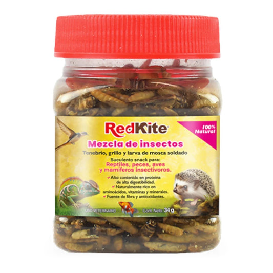Bote de 34g del Mix de Insectos Secos RedKite (tenebrio, grillo y larva de mosca soldado) para mascotas exóticas, en Kamalitas.