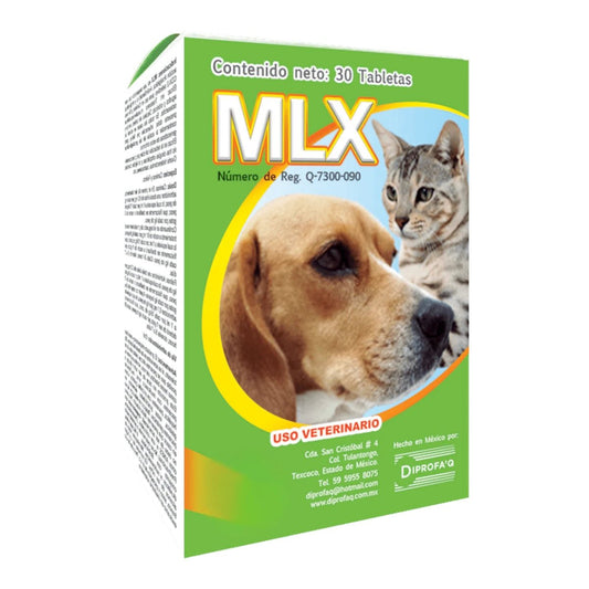 Caja de MLX-20 del laboratorio Diprofa'q, antiinflamatorio y analgésico oral para caninos a base de Meloxicam 2mg.