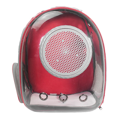 Mochila transportadora para mascotas con burbuja transparente frontal, mostrando su diseño moderno y orificios de ventilación laterales para gatos y perros mini.