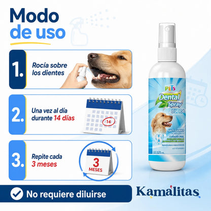 Instrucciones de uso del Spray Dental Ultra: aplicar una vez al día durante 14 días y repetir cada tres meses.