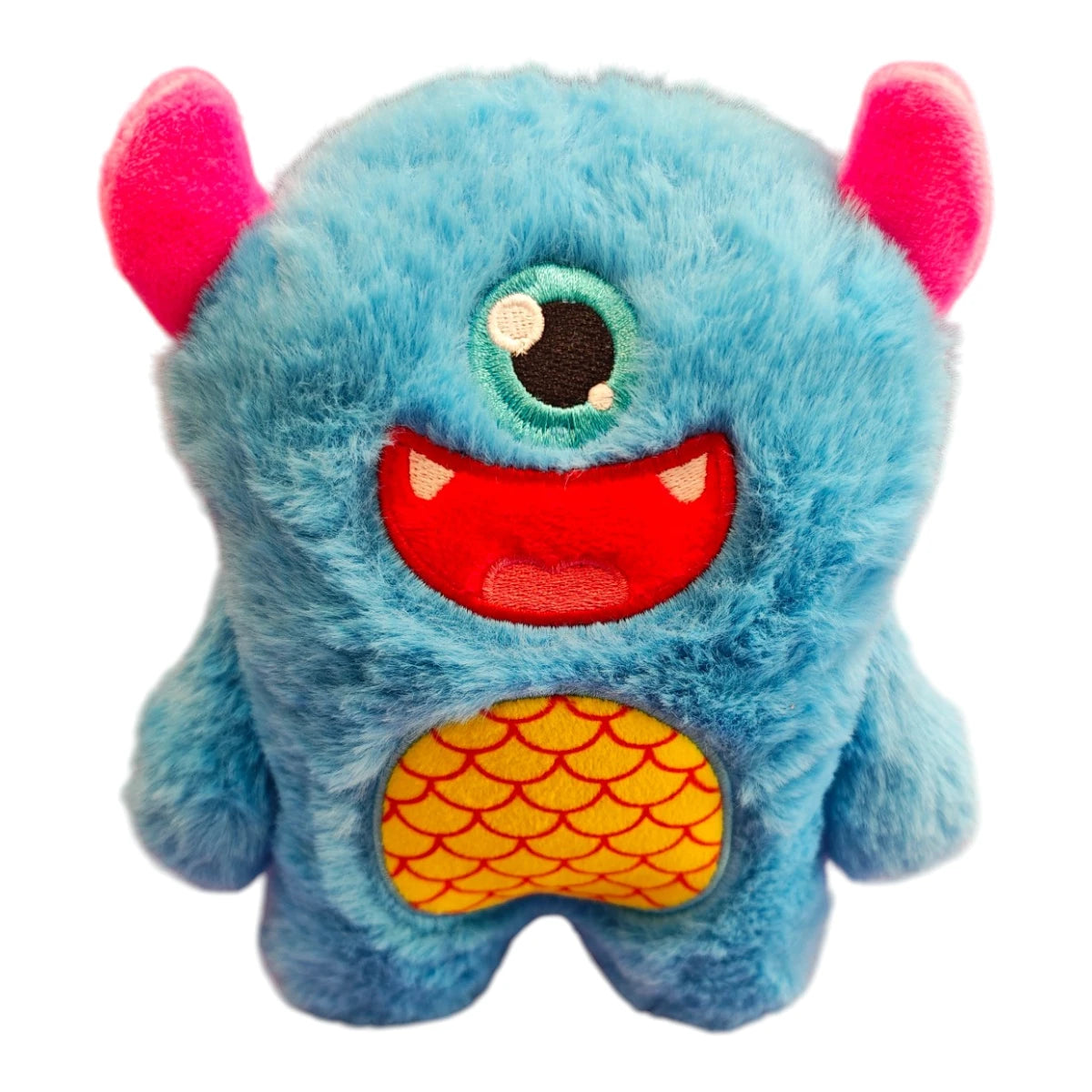 Peluche para perro Monster Blue de la marca Sharpaw, un cíclope azul con cuernos rojos y panza amarilla, en Kamalitas.