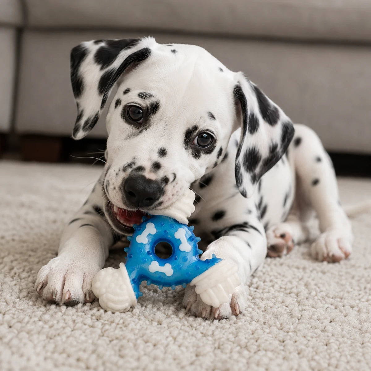 Cachorro dalmata jgando con su mordedera chewy chums de sunny