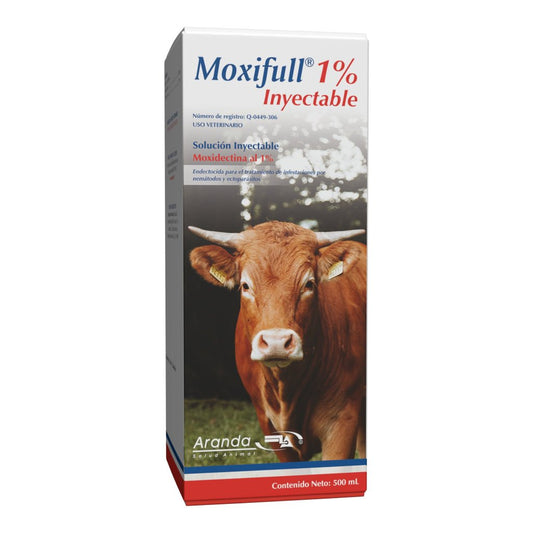 Caja de Moxifull 1% Inyectable de 500 ml, desparasitante endectocida a base de moxidectina para el control de parásitos internos y externos en bovinos.
