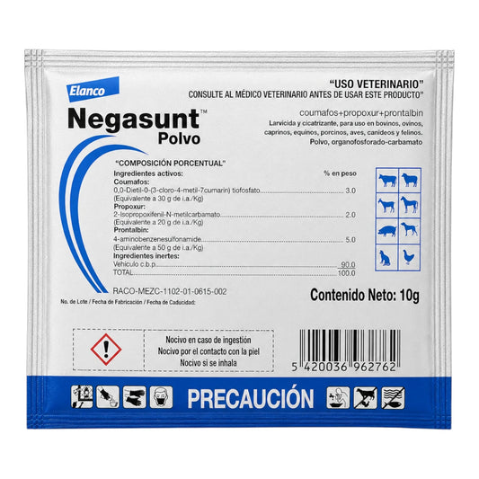Sobre de Elanco en presentación de 10g, ideal para el tratamiento de miasis cutáneas y cicatrización de heridas en diversas especies.