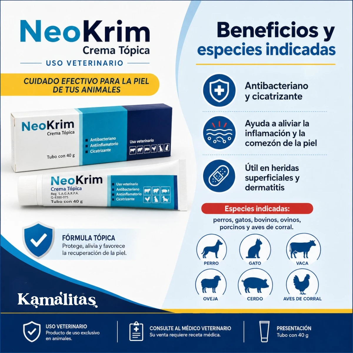 Infografía de beneficios de NeoKrim crema tópica veterinaria para perros, gatos, bovinos, ovinos, porcinos y aves de corral; apoyo antibacteriano, cicatrizante y antiinflamatorio.