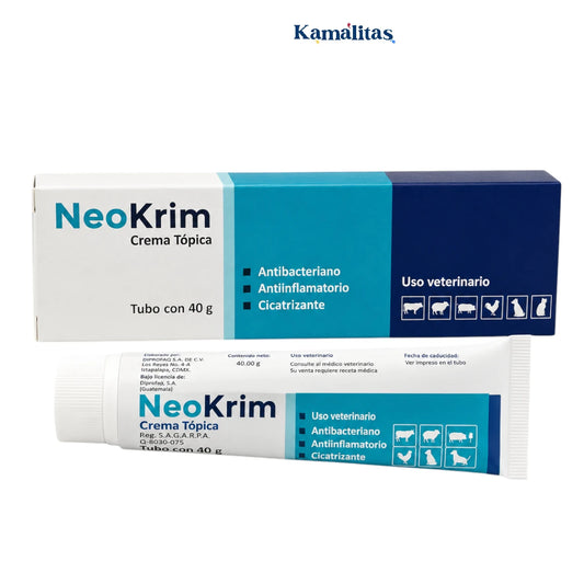 NeoKrim crema tópica veterinaria Diprofaq en tubo de 40 g con caja original, antibacteriano, antiinflamatorio y cicatrizante para uso veterinario, disponible en Kamalitas.