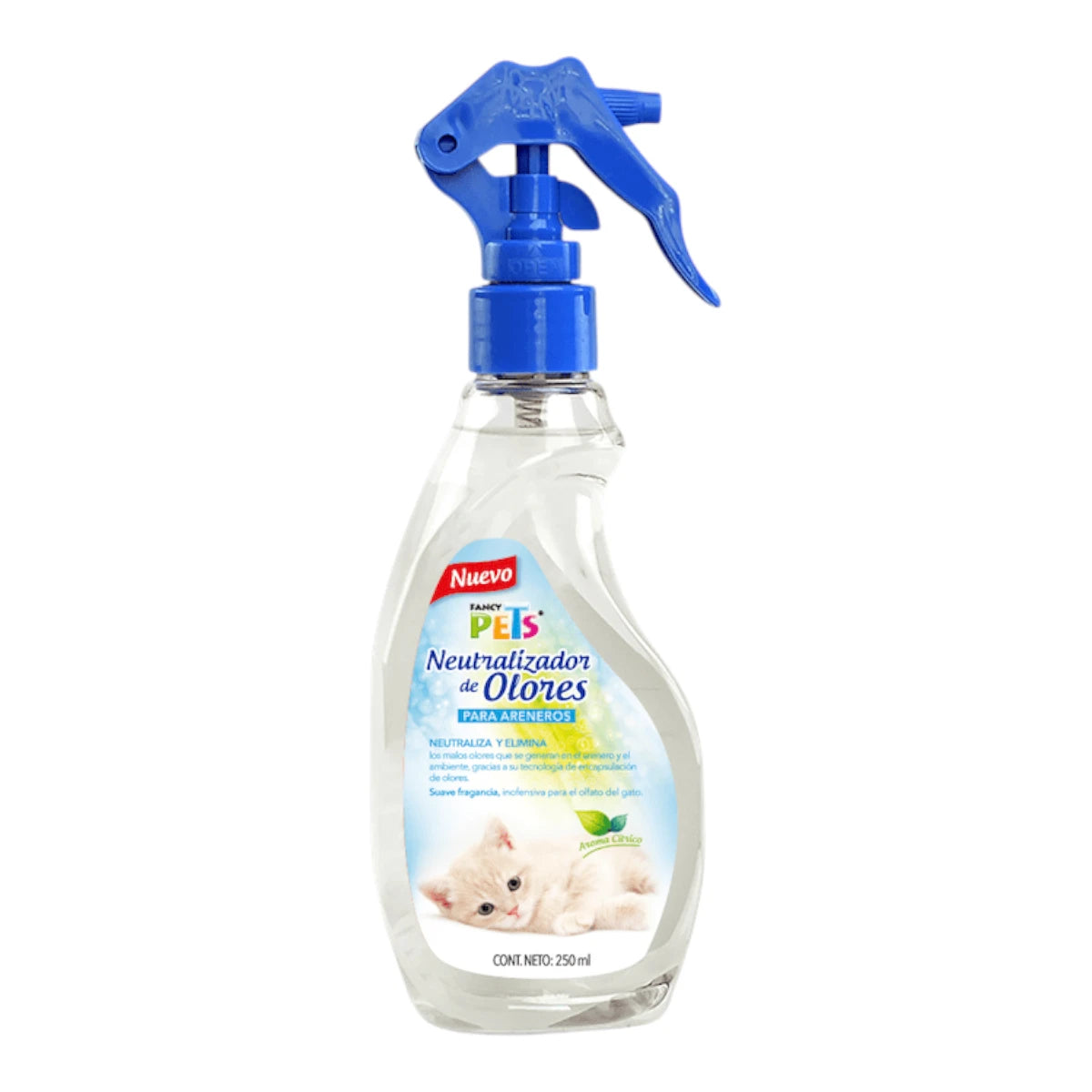 Botella transparente de 250 mililitros del neutralizador de olores para areneros de Fancy Pets con atomizador azul, ideal para eliminar de raíz el aroma a orina de gato, en Kamalitas