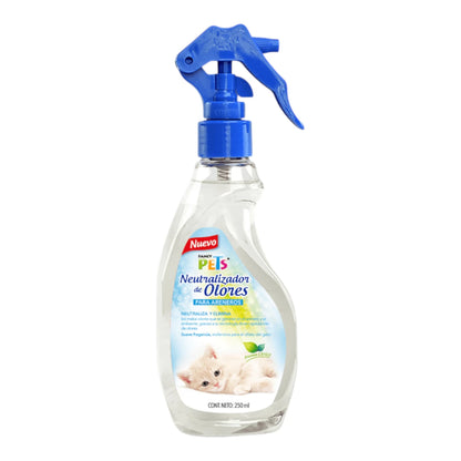 Botella transparente de 250 mililitros del neutralizador de olores para areneros de Fancy Pets con atomizador azul, ideal para eliminar de raíz el aroma a orina de gato, en Kamalitas