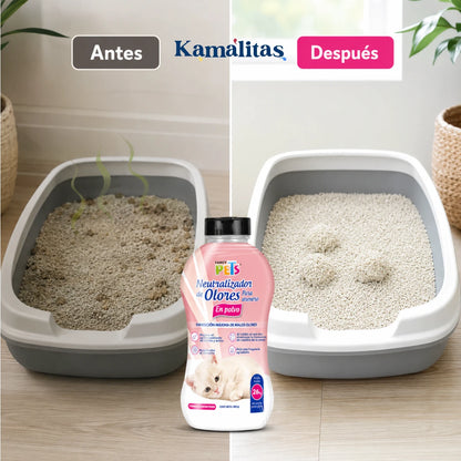 Imagen comparativa antes y después del uso de Neutralizador de Olores para Arenero en Polvo Fancy Pets de 400 g, ideal para controlar malos olores y mantener la arena para gato más fresca por más tiempo.