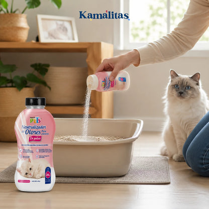 Neutralizador de Olores para Arenero en Polvo Fancy Pets en presentación de 400 g usado en casa con un solo gato, ideal para neutralizar olores, dejar una fragancia agradable y prolongar la vida útil de la arena.