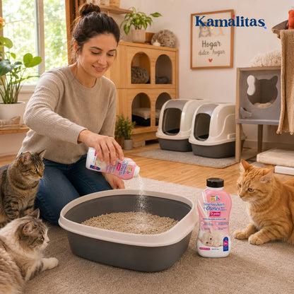 Neutralizador de Olores para Arenero en Polvo Fancy Pets en presentación de 400 g utilizado en un hogar con varios gatos, ideal para reducir malos olores y mejorar la frescura del área del arenero.