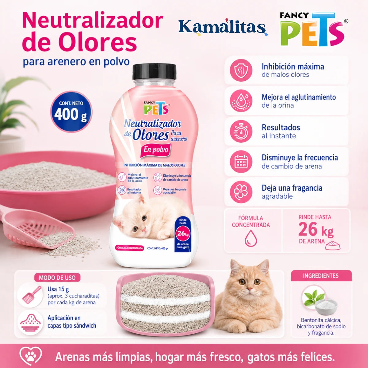 Empaque e infografía de Neutralizador de Olores para Arenero en Polvo Fancy Pets en presentación de 400 g, ideal para eliminar malos olores, mejorar el aglutinamiento de la arena y prolongar su uso en gatos.