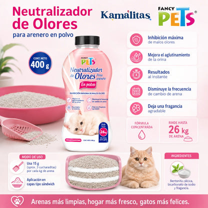 Empaque e infografía de Neutralizador de Olores para Arenero en Polvo Fancy Pets en presentación de 400 g, ideal para eliminar malos olores, mejorar el aglutinamiento de la arena y prolongar su uso en gatos.