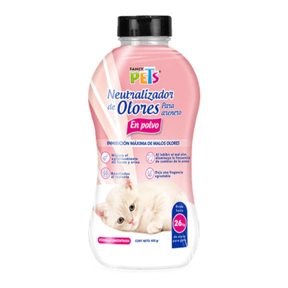 Envase original de Neutralizador de Olores para arenero en polvo Fancy Pets de 400g con fórmula concentrada que rinde hasta 26 kilos de arena, en Kamalitas.