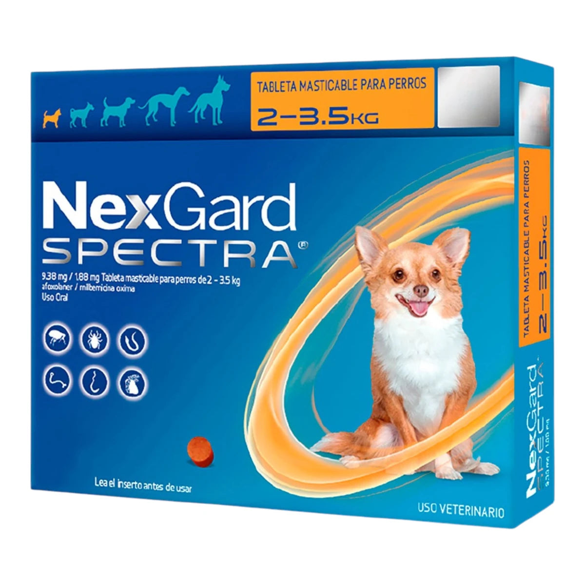 Caja de NexGard Spectra para perros de 2 a 3.5 kg, tratamiento para 1 o 3 meses de protección.