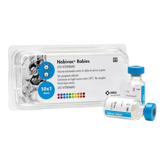 Empaque blister de Nobivac Rabia (Nobivac Rabies) de MSD Animal Health con presentación de 10 sobres de una dosis y frascos ámpula inyectables para perros y gatos.