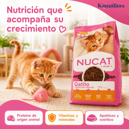 Alimento Nucat con proteínas de origen animal, vitaminas y minerales para acompañar el crecimiento del gatito.